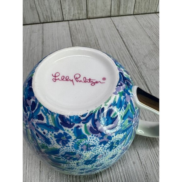 Lilly Pulitzer Set of 2 Blue Floral Tea Coffee Cups with Golden Handle 4" DIA - Picture 10 of 11